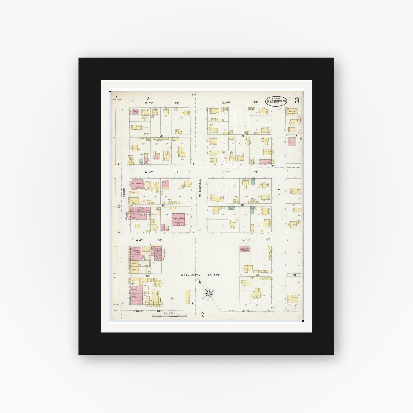 Old map wall art mockup — black gallery frame with white mat — Sanborn Fire Insurance Map from Metropolis, Massac County, Illinois (1897), Sheet #0003