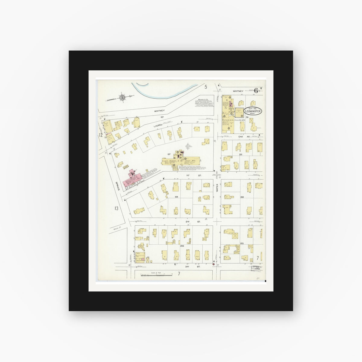 Old map wall art mockup — black gallery frame with white mat — Sanborn Fire Insurance Map from Leominster, Worcester County, Massachusetts (1912), Sheet #0006