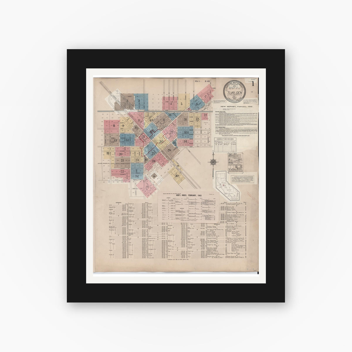 Old map wall art mockup — black gallery frame with white mat — Sanborn Fire Insurance Map from Turlock, Stanislaus County, California (1943) - Complete Map Set