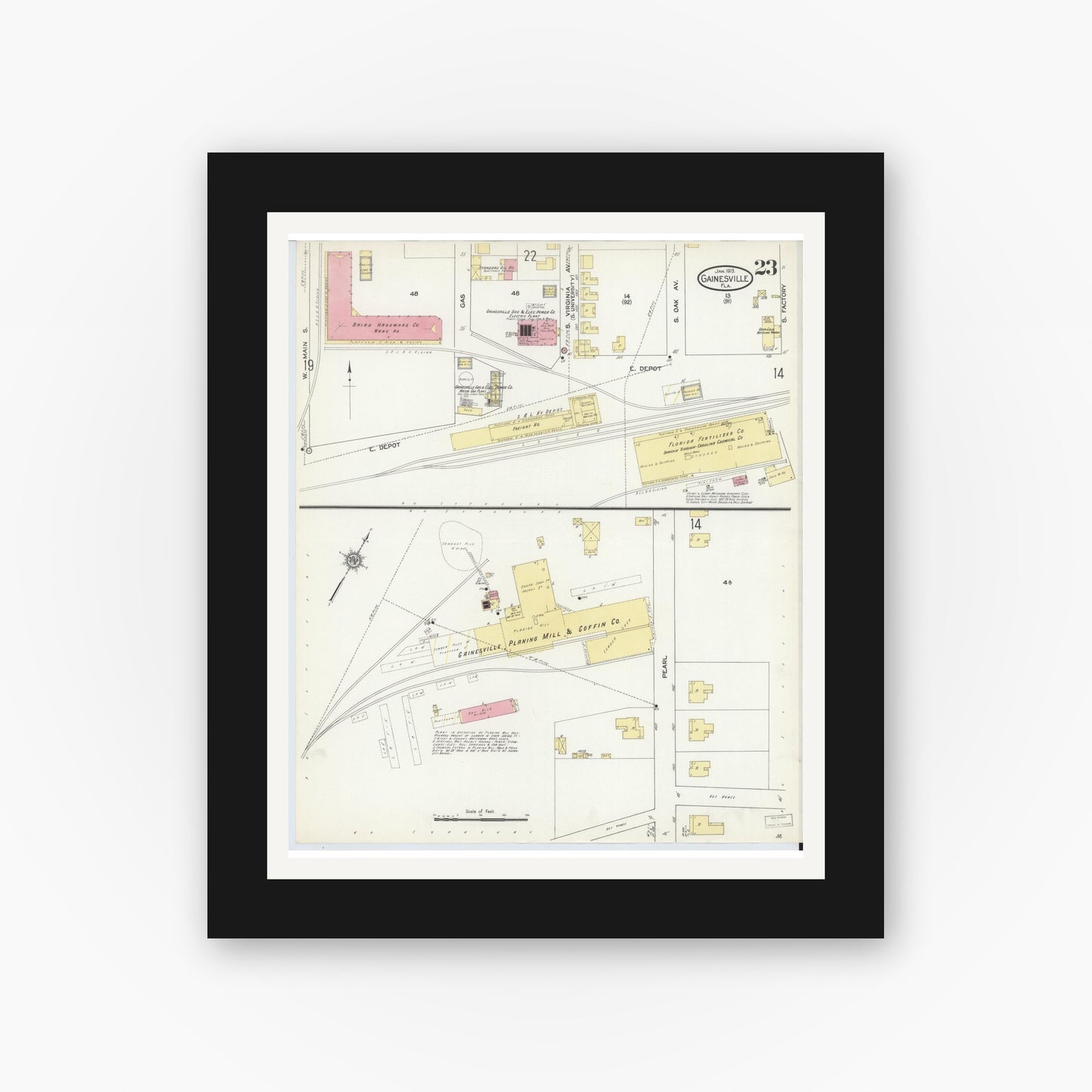 Old map wall art mockup — black gallery frame with white mat — Sanborn Fire Insurance Map from Gainesville, Alachua County, Florida (1913), Sheet #0023