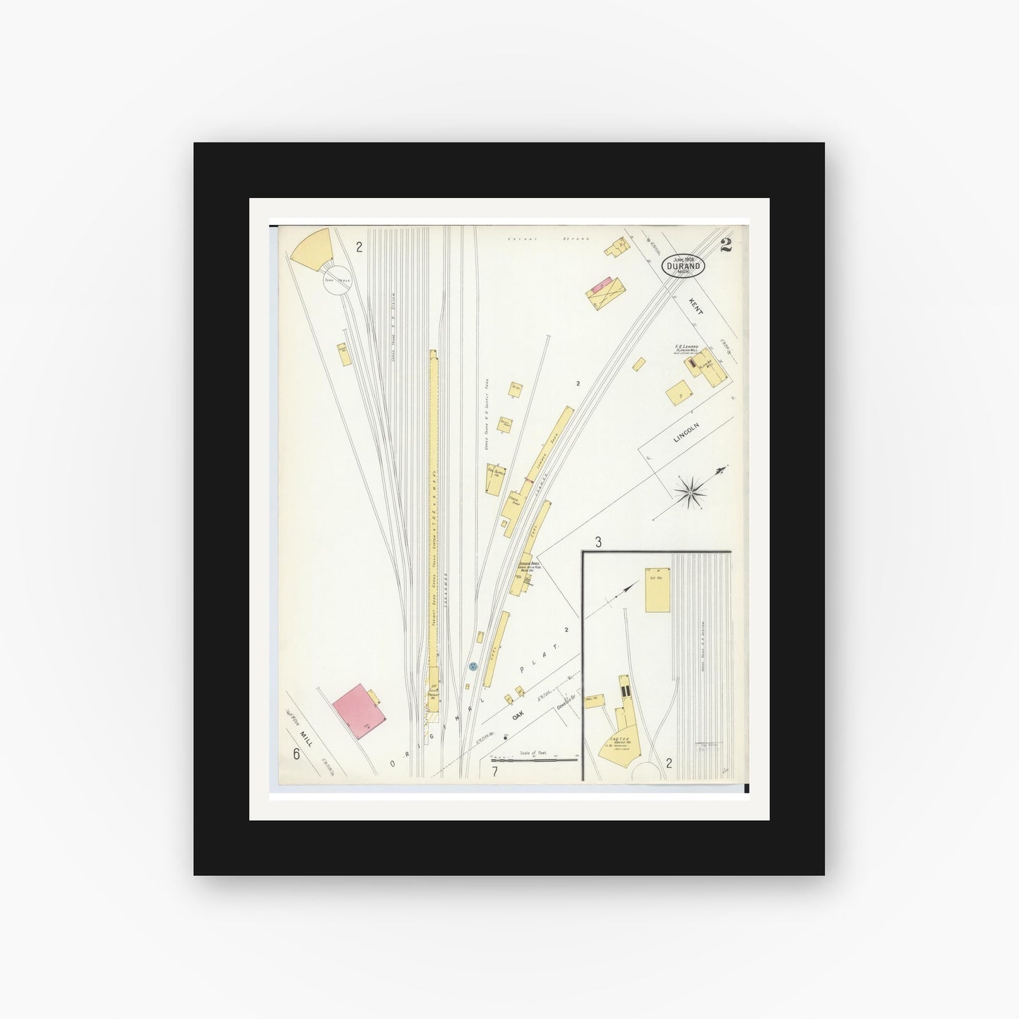 Old map wall art mockup — black gallery frame with white mat — Sanborn Fire Insurance Map from Durand, Shiawassee County, Michigan (1908), Sheet #0002