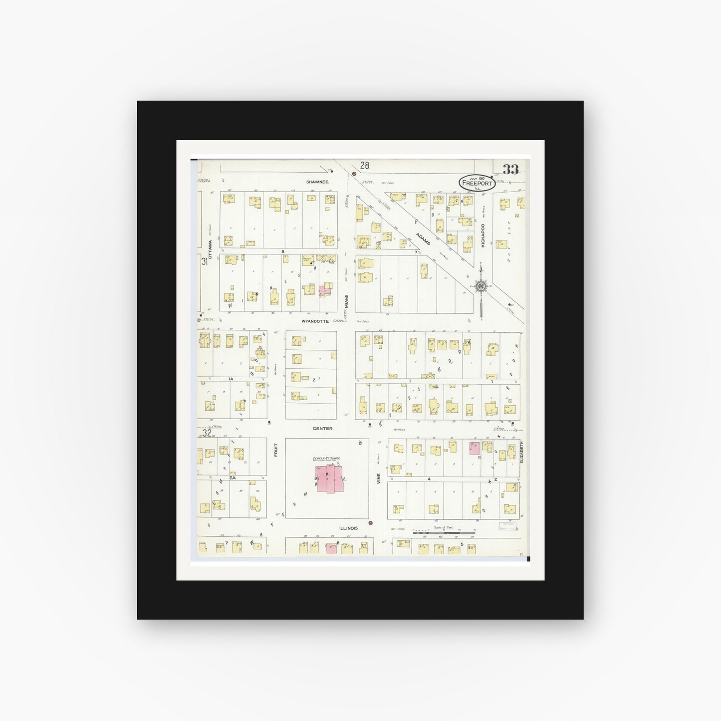 Old map wall art mockup — black gallery frame with white mat — Sanborn Fire Insurance Map from Freeport, Stephenson County, Illinois (1910), Sheet #0033