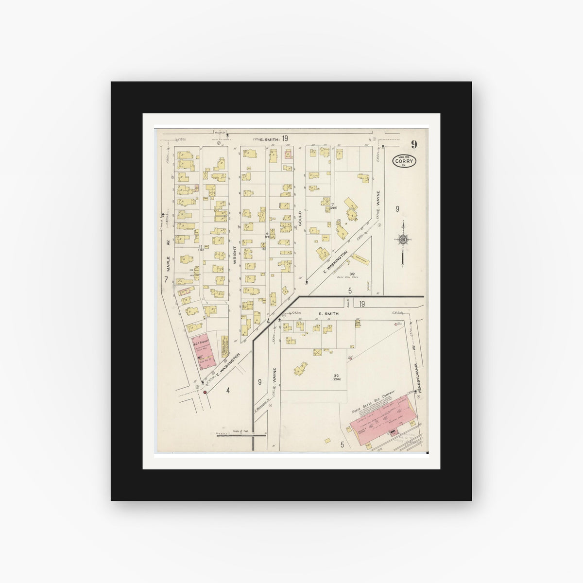 Old map wall art mockup — black gallery frame with white mat — Sanborn Fire Insurance Map from Corry, Erie County, Pennsylvania (1915), Sheet #0009