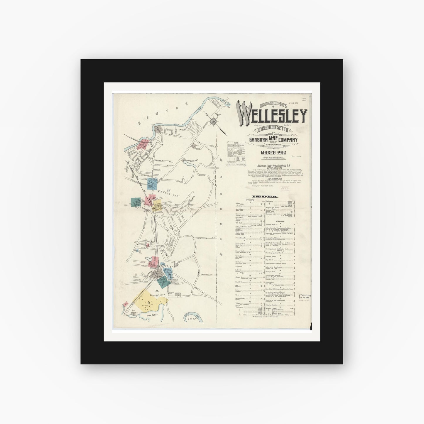 Old map wall art mockup — black gallery frame with white mat — Sanborn Fire Insurance Map from Wellesley, Norfolk County, Massachusetts (1912) - Complete Map Set