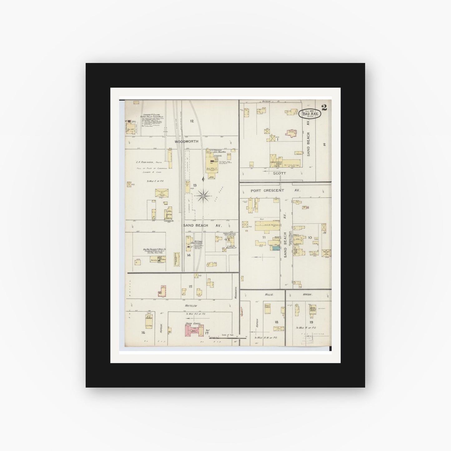 Old map wall art mockup — black gallery frame with white mat — Sanborn Fire Insurance Map from Bad Axe, Huron County, Michigan (1893), Sheet #0002