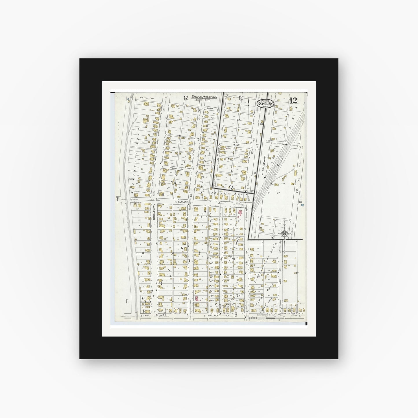 Old map wall art mockup — black gallery frame with white mat — Sanborn Fire Insurance Map from Shelby, Richland County, Ohio (1919), Sheet #0012