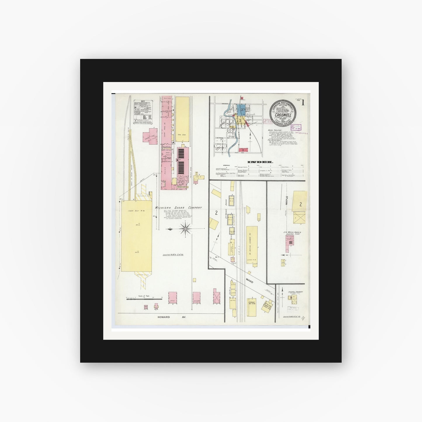 Old map wall art mockup β black gallery frame with white mat β Sanborn Fire Insurance Map from Croswell, Sanilac County, Michigan (1909) - Complete Map Set