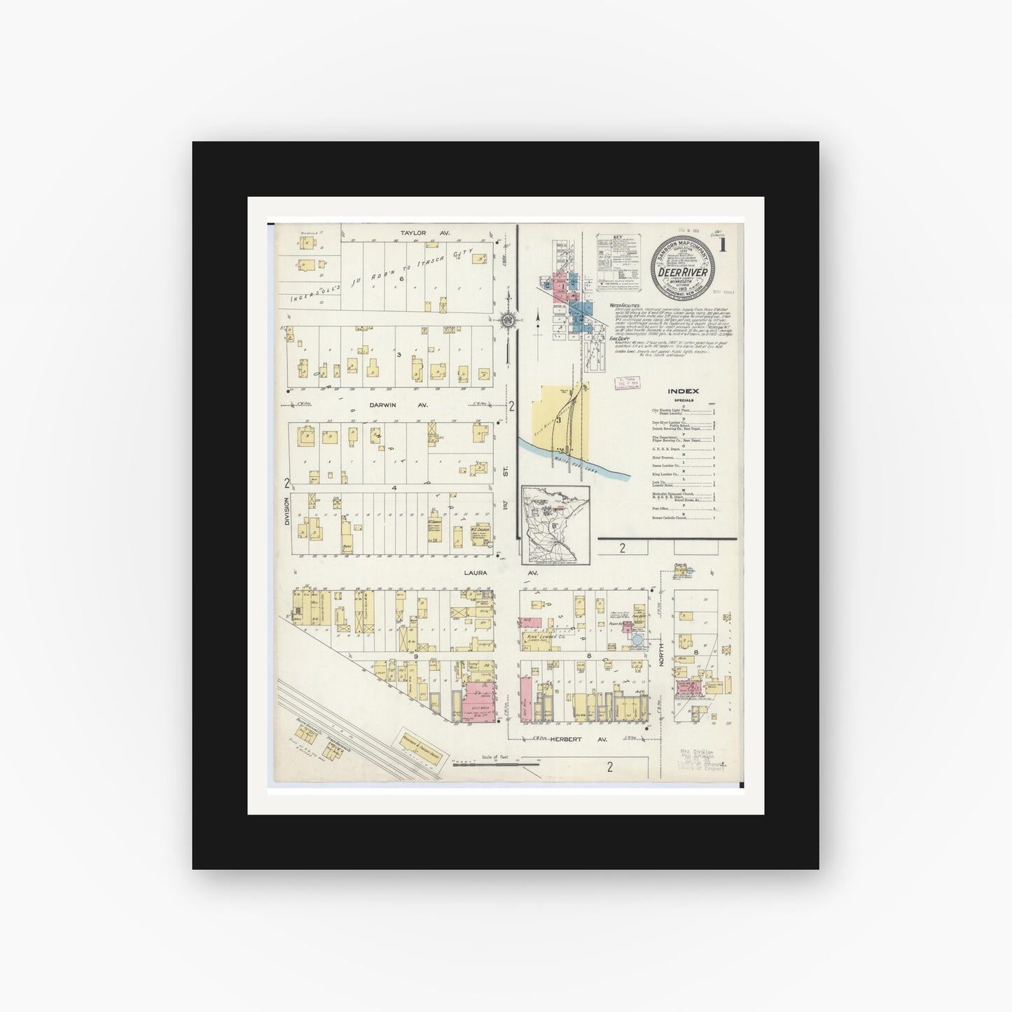 Old map wall art mockup — black gallery frame with white mat — Sanborn Fire Insurance Map from Deer River, Itasca County, Minnesota (1913) - Complete Map Set