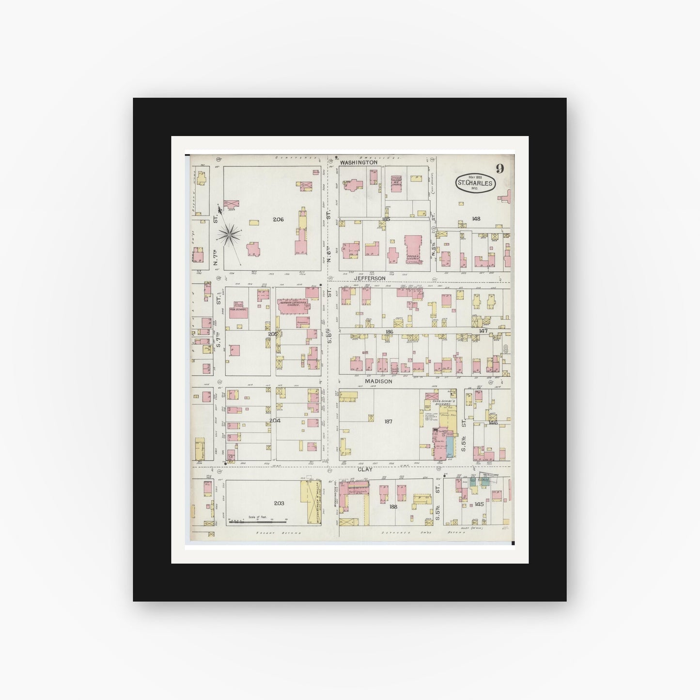 Old map wall art mockup — black gallery frame with white mat — Sanborn Fire Insurance Map from Saint Charles, Saint Charles County, Missouri (1893), Sheet #0009