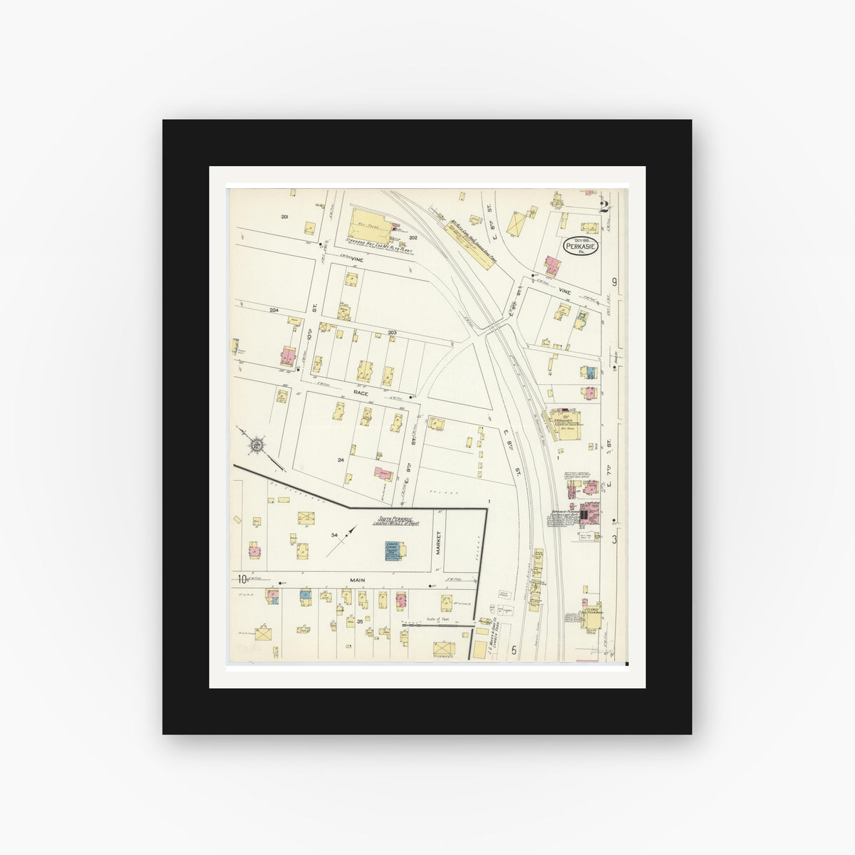 Old map wall art mockup — black gallery frame with white mat — Sanborn Fire Insurance Map from Perkasie, Bucks County, Pennsylvania (1913), Sheet #0002
