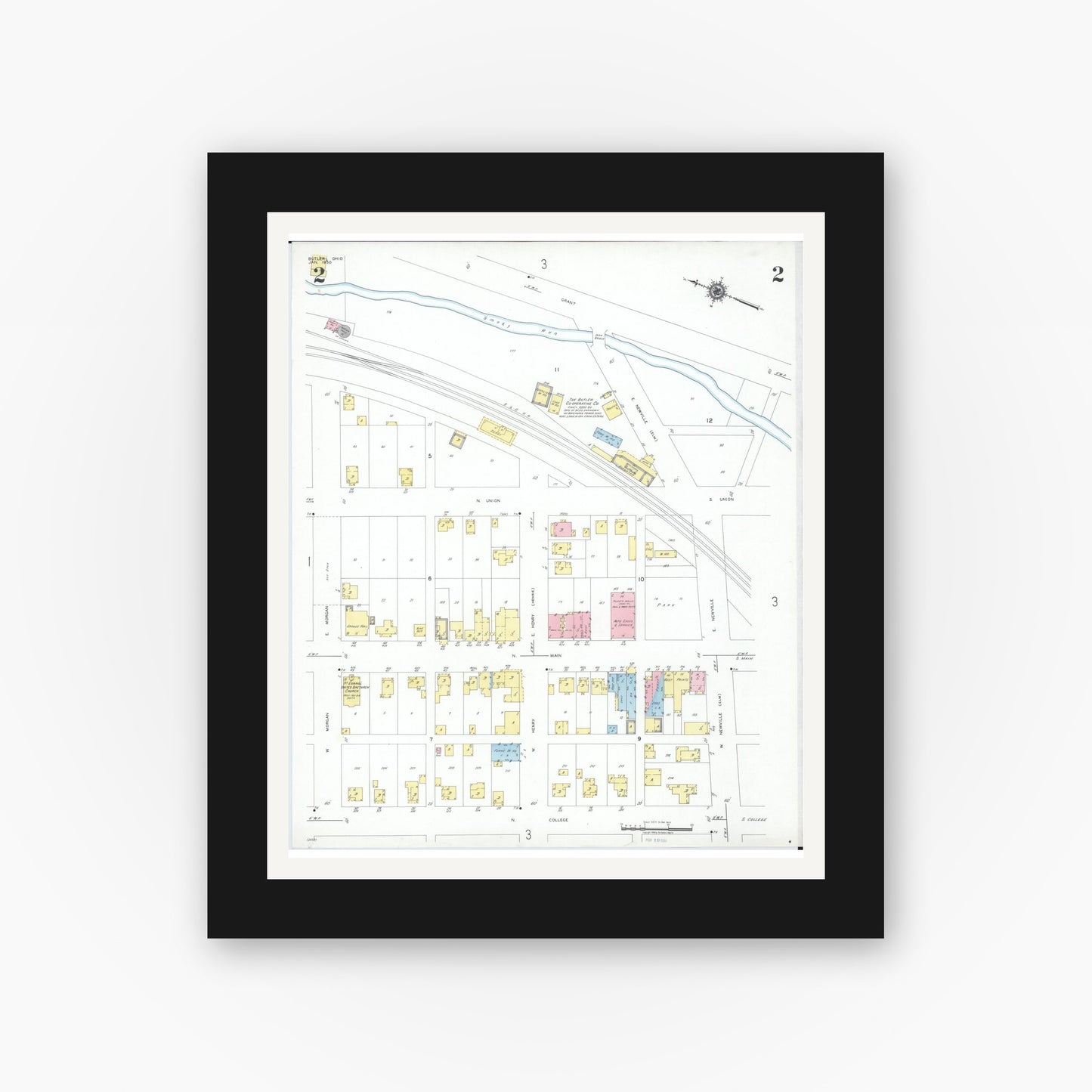 Old map wall art mockup — black gallery frame with white mat — Sanborn Fire Insurance Map from Butler, Richland County, Ohio (1950), Sheet #0002
