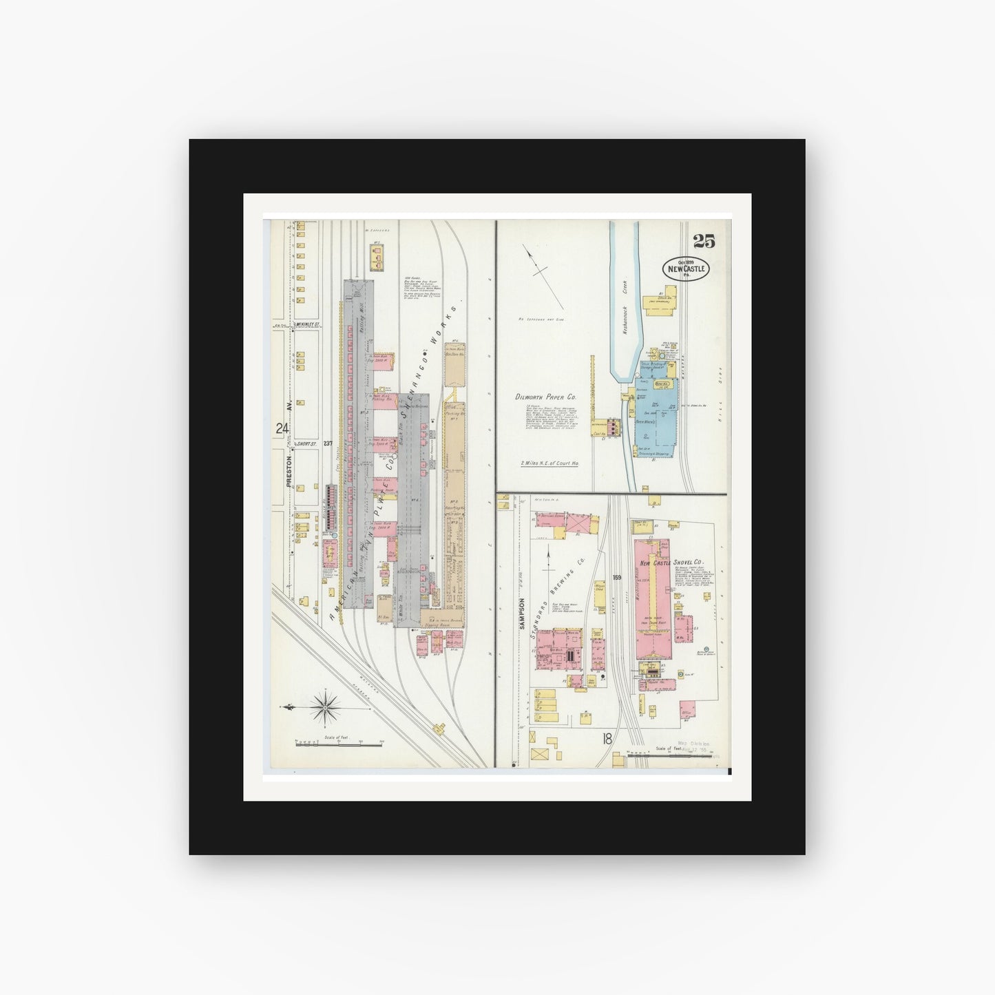 Old map wall art mockup — black gallery frame with white mat — Sanborn Fire Insurance Map from New Castle, Lawrence County, Pennsylvania (1899), Sheet #0025