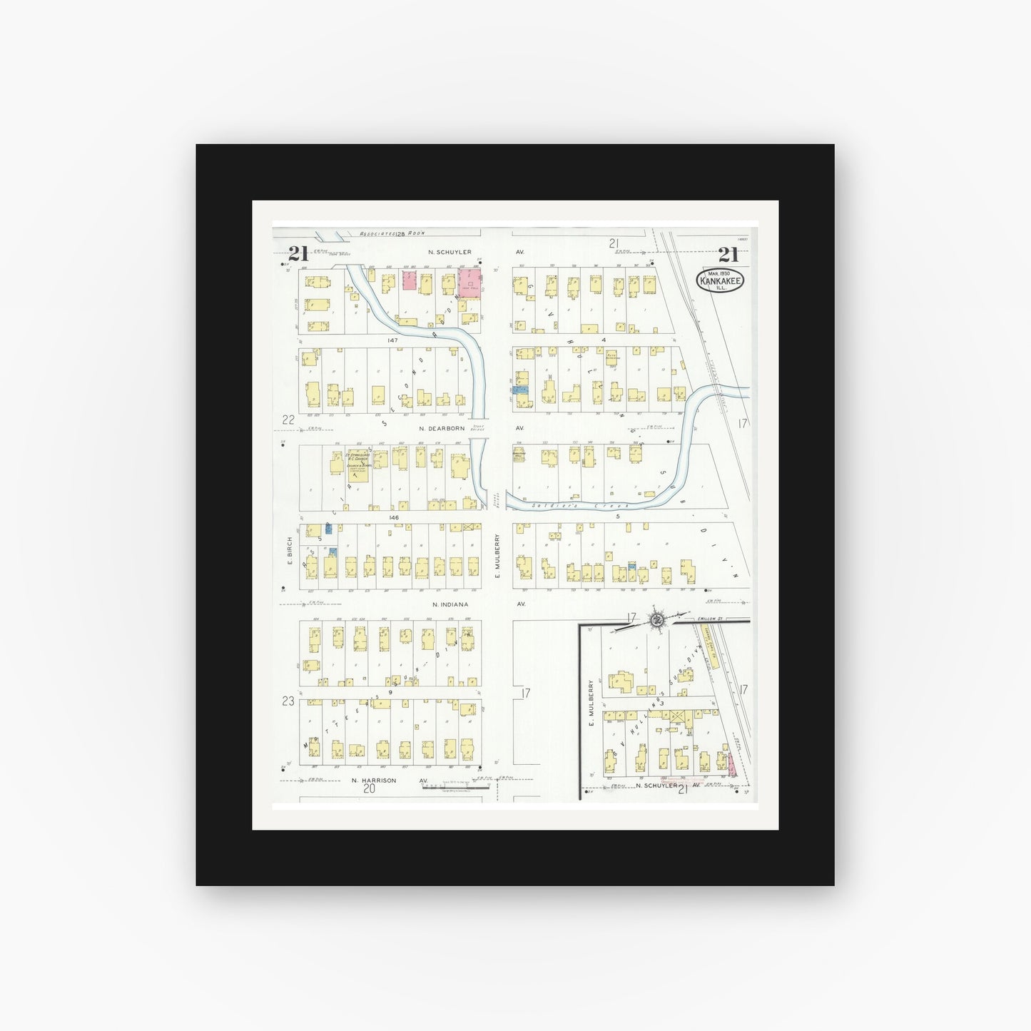 Old map wall art mockup — black gallery frame with white mat — Sanborn Fire Insurance Map from Kankakee, Kankakee County, Illinois (1930), Sheet #0021