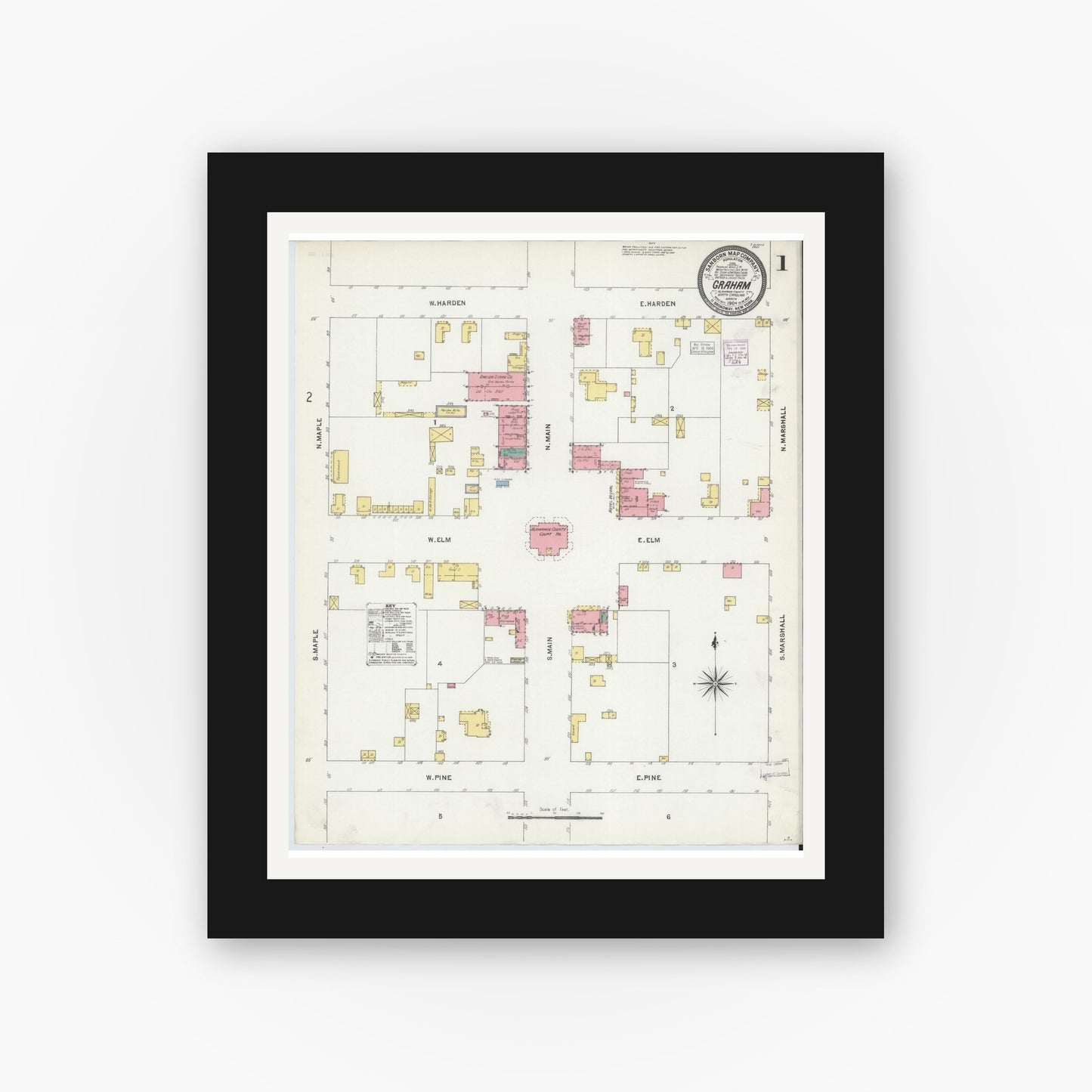 Old map wall art mockup — black gallery frame with white mat — Sanborn Fire Insurance Map from Graham, Alamance County, North Carolina (1904) - Complete Map Set