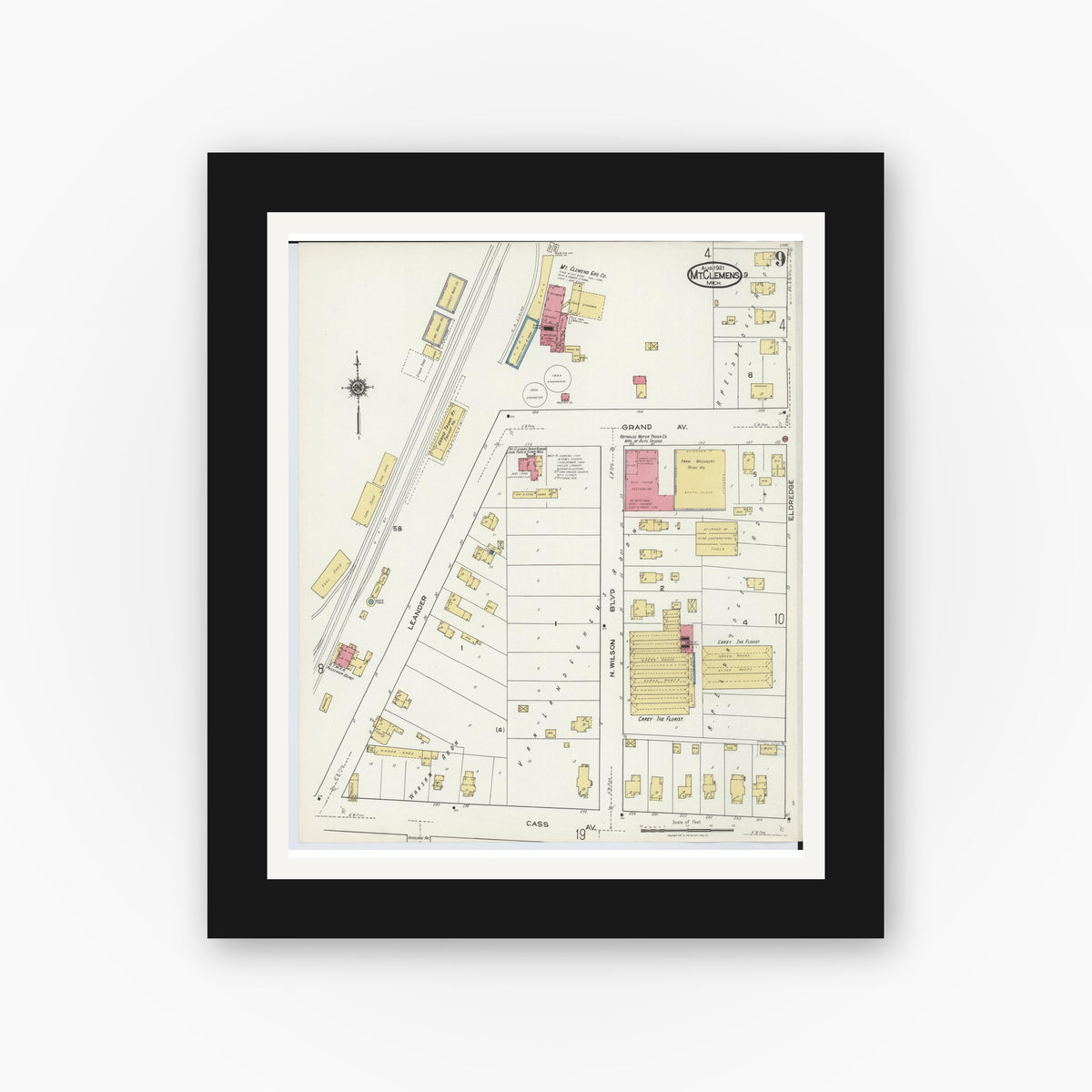 Old map wall art mockup — black gallery frame with white mat — Sanborn Fire Insurance Map from Mount Clemens, Macomb County, Michigan (1921), Sheet #0009