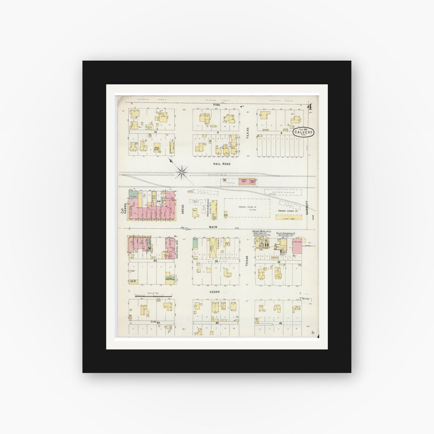 Old map wall art mockup — black gallery frame with white mat — Sanborn Fire Insurance Map from Calvert, Robertson County, Texas (1896), Sheet #0004