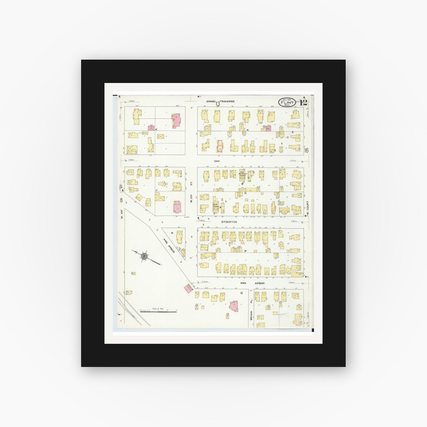 Old map wall art mockup — black gallery frame with white mat — Sanborn Fire Insurance Map from Flint, Genesee County, Michigan (1909), Sheet #0012