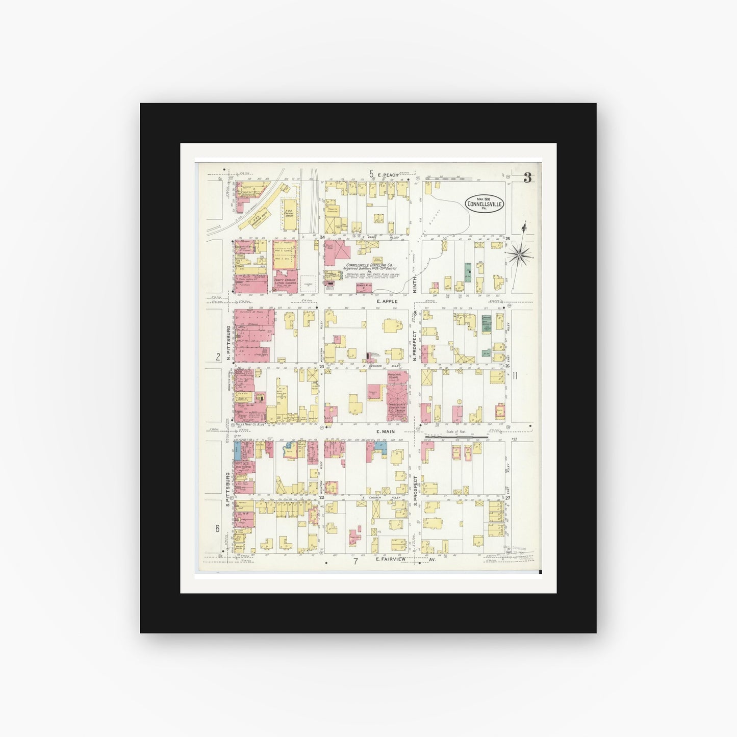 Old map wall art mockup — black gallery frame with white mat — Sanborn Fire Insurance Map from Connellsville, Fayette County, Pennsylvania (1908), Sheet #0003