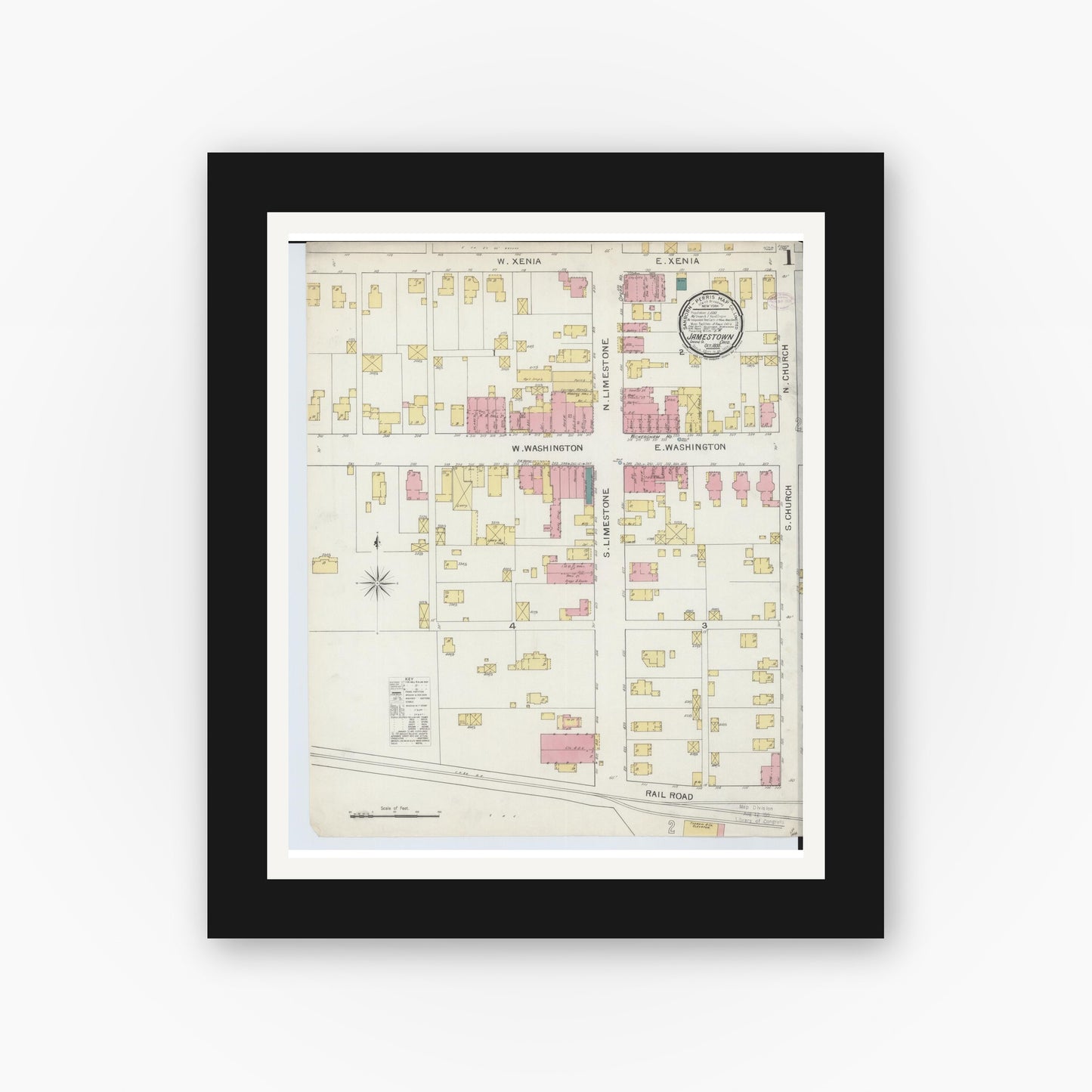 Old map wall art mockup — black gallery frame with white mat — Sanborn Fire Insurance Map from Jamestown, Greene County, Ohio (1893) - Complete Map Set