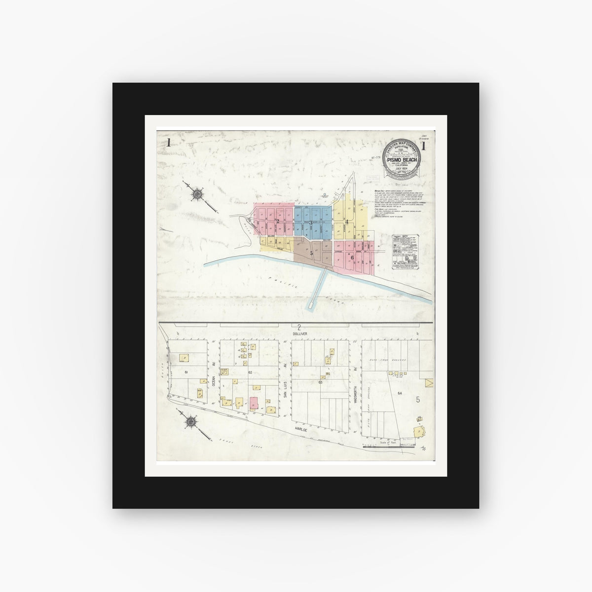 Old map wall art mockup — black gallery frame with white mat — Sanborn Fire Insurance Map from Pismo Beach, San Luis Obispo County, California (1924) - Complete Map Set