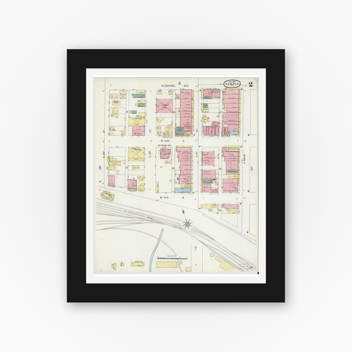 Old map wall art mockup — black gallery frame with white mat — Sanborn Fire Insurance Map from Temple, Bell County, Texas (1896), Sheet #0002