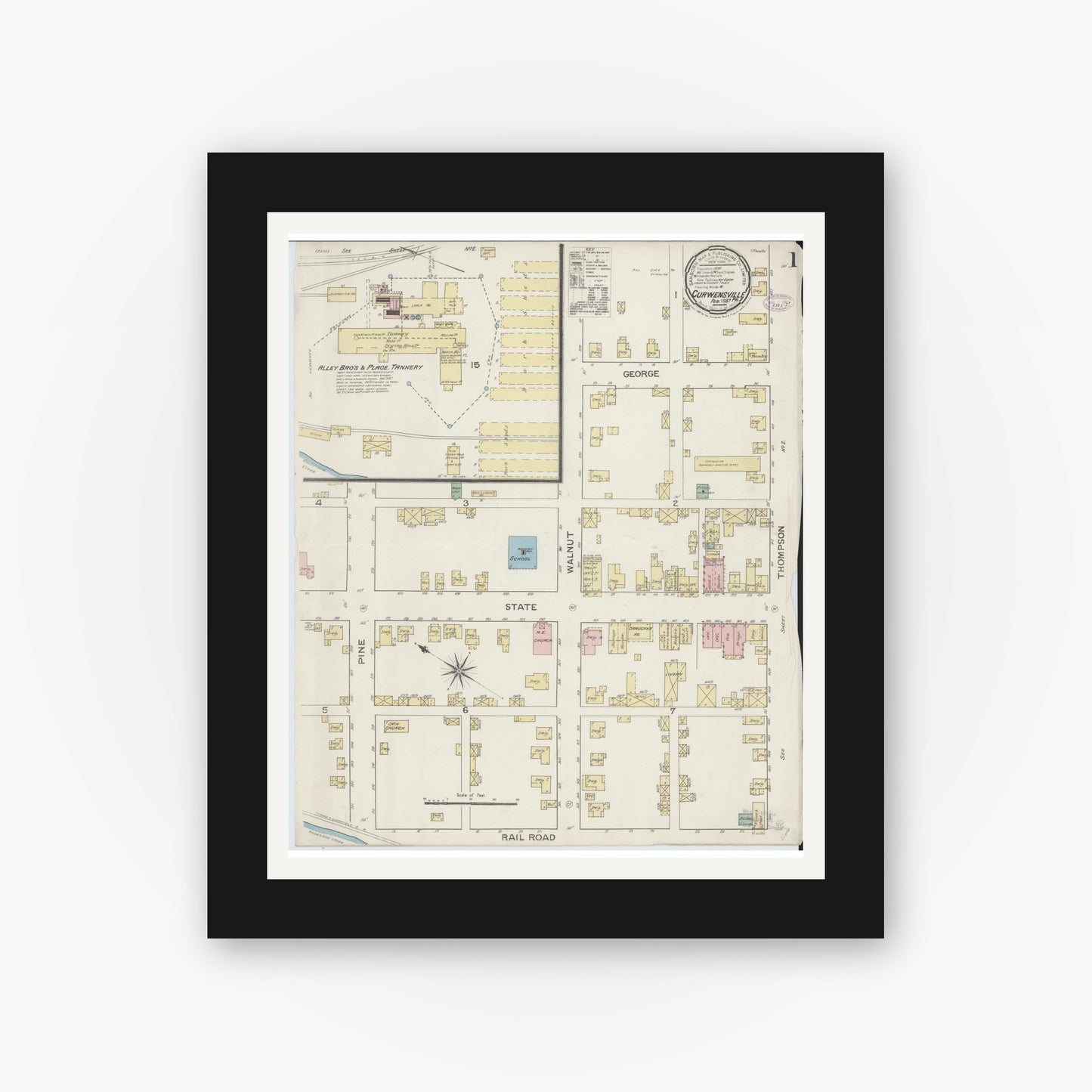 Old map wall art mockup — black gallery frame with white mat — Sanborn Fire Insurance Map from Curwensville, Clearfield County, Pennsylvania (1887) - Complete Map Set