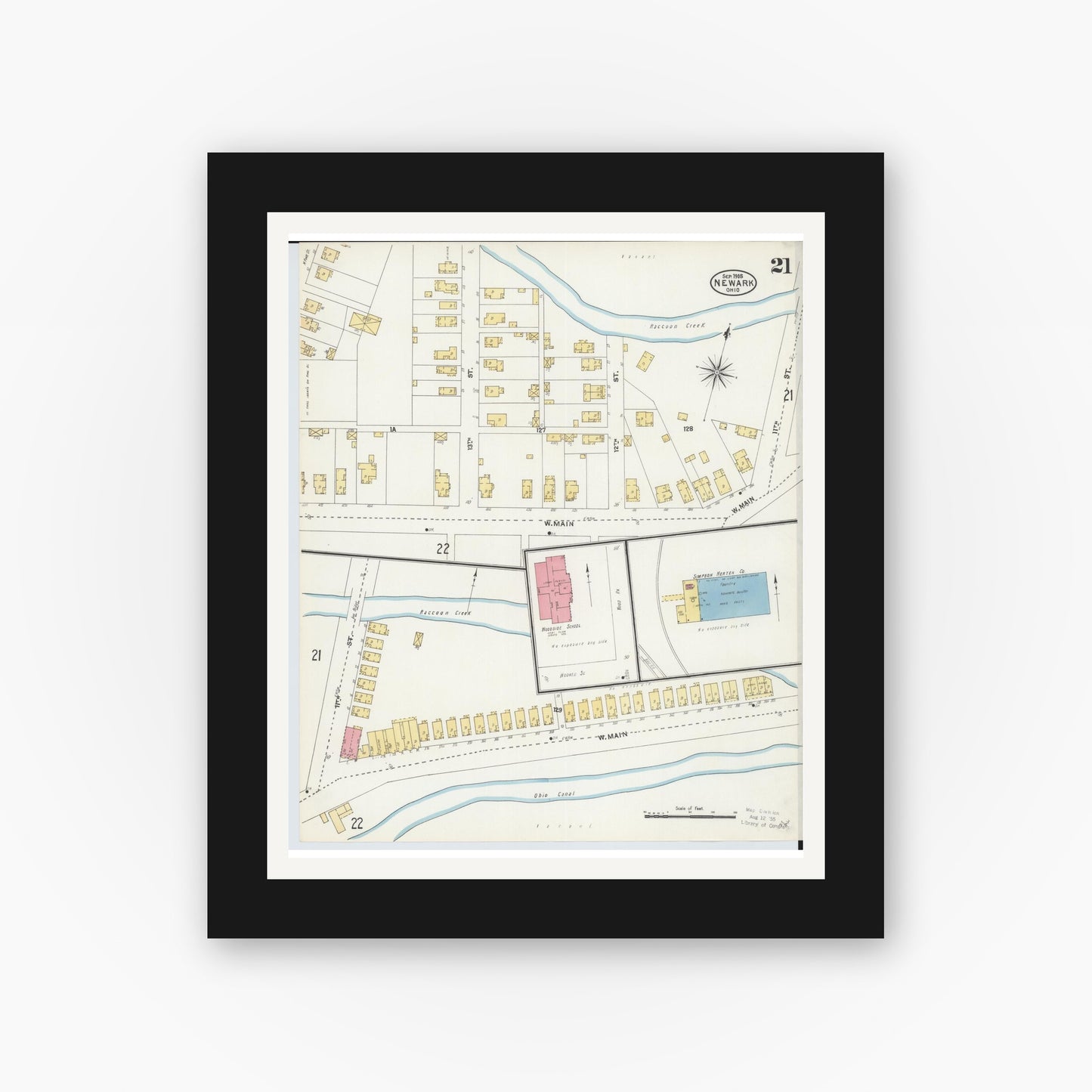 Old map wall art mockup — black gallery frame with white mat — Sanborn Fire Insurance Map from Newark, Licking County, Ohio (1905), Sheet #0021