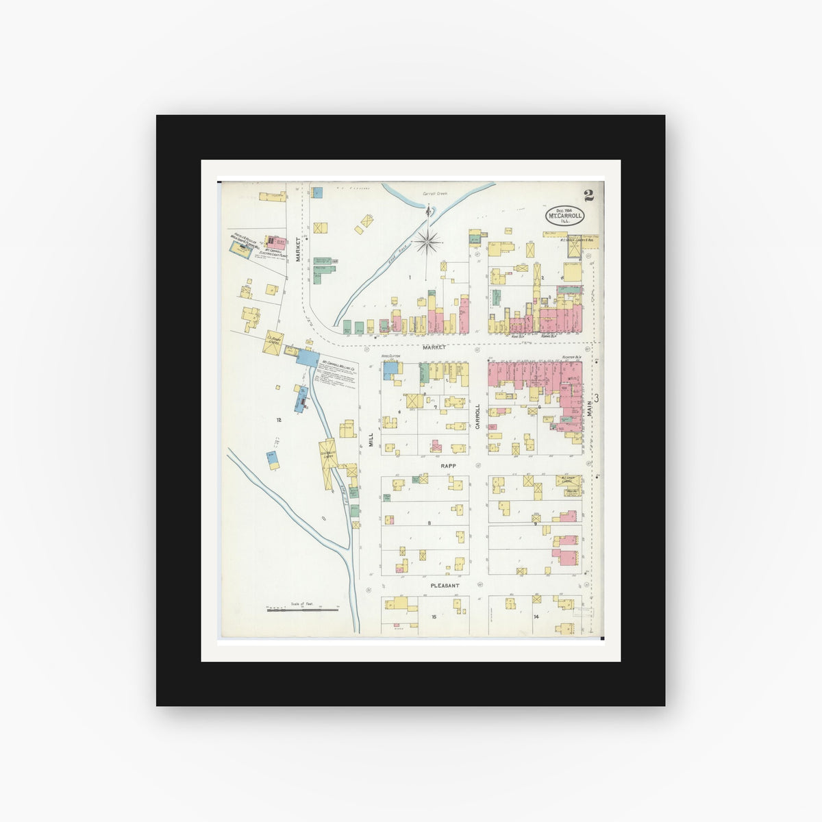 Old map wall art mockup — black gallery frame with white mat — Sanborn Fire Insurance Map from Mount Carroll, Carroll County, Illinois (1904), Sheet #0002