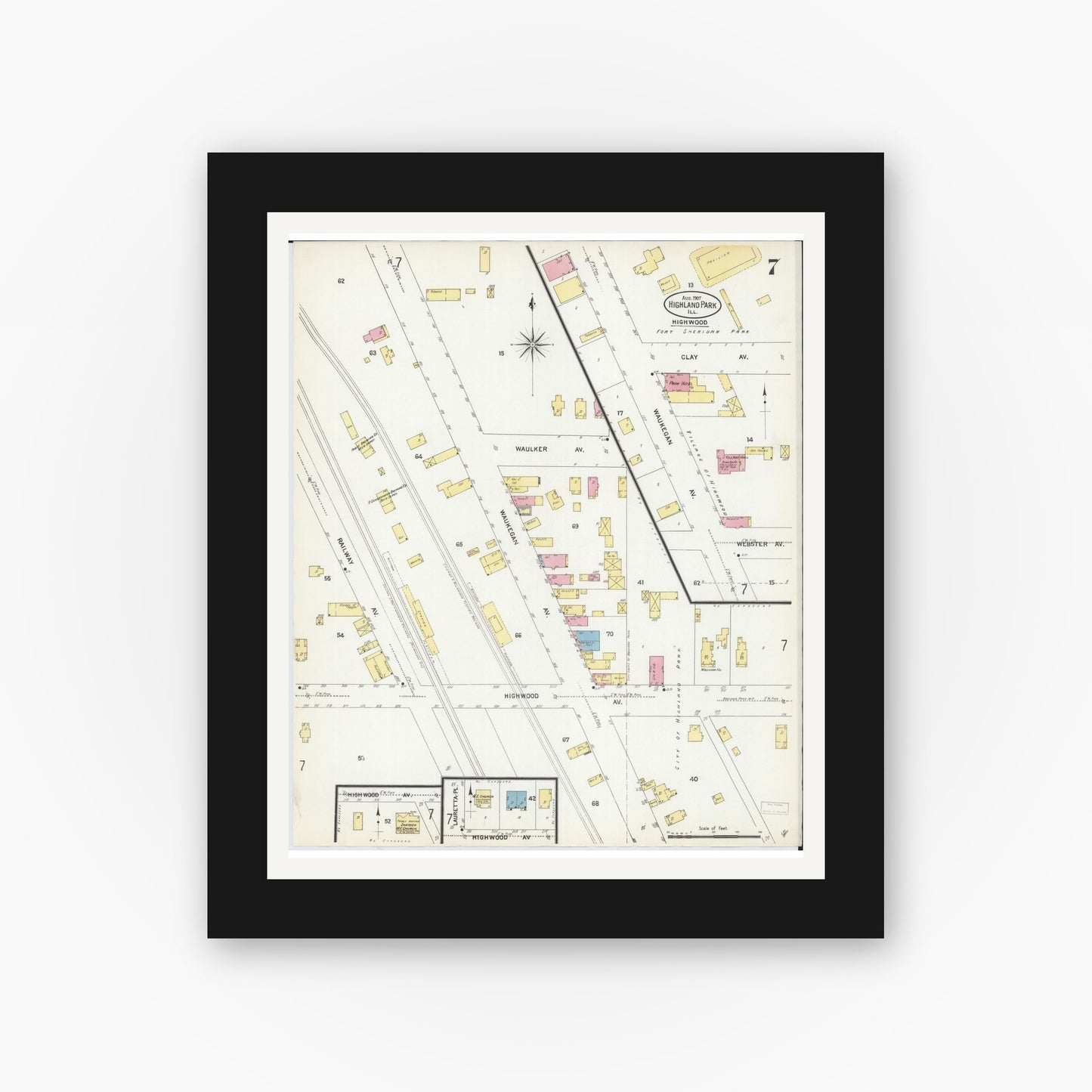 Old map wall art mockup — black gallery frame with white mat — Sanborn Fire Insurance Map from Highland Park, Lake County, Illinois (1907), Sheet #0007