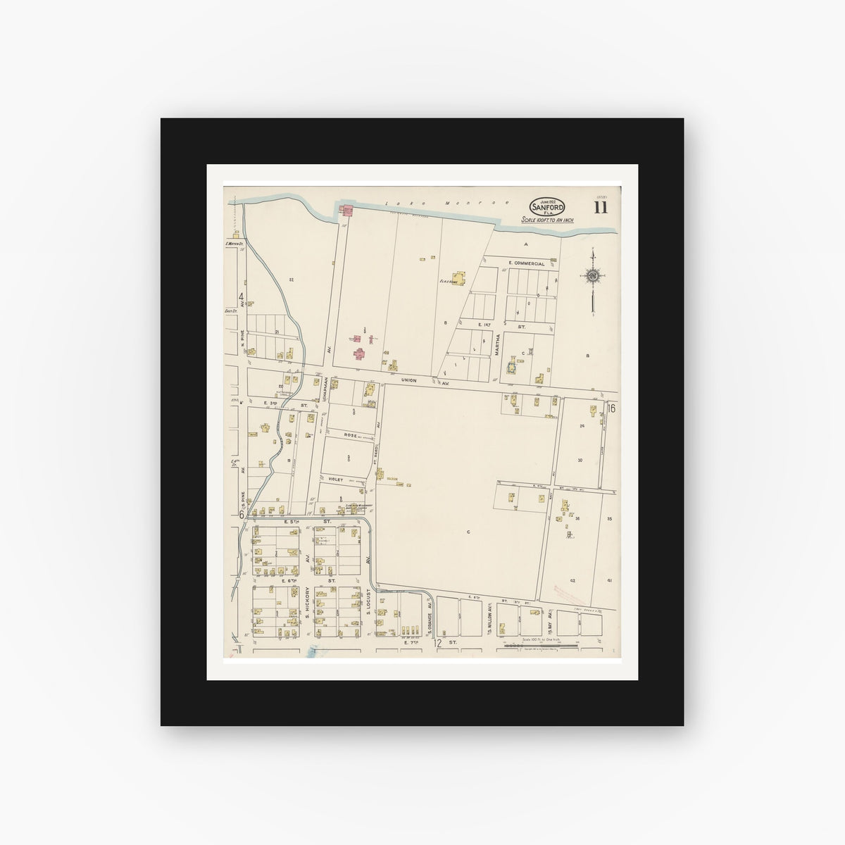 Old map wall art mockup — black gallery frame with white mat — Sanborn Fire Insurance Map from Sanford, Seminole County, Florida (1922), Sheet #0011