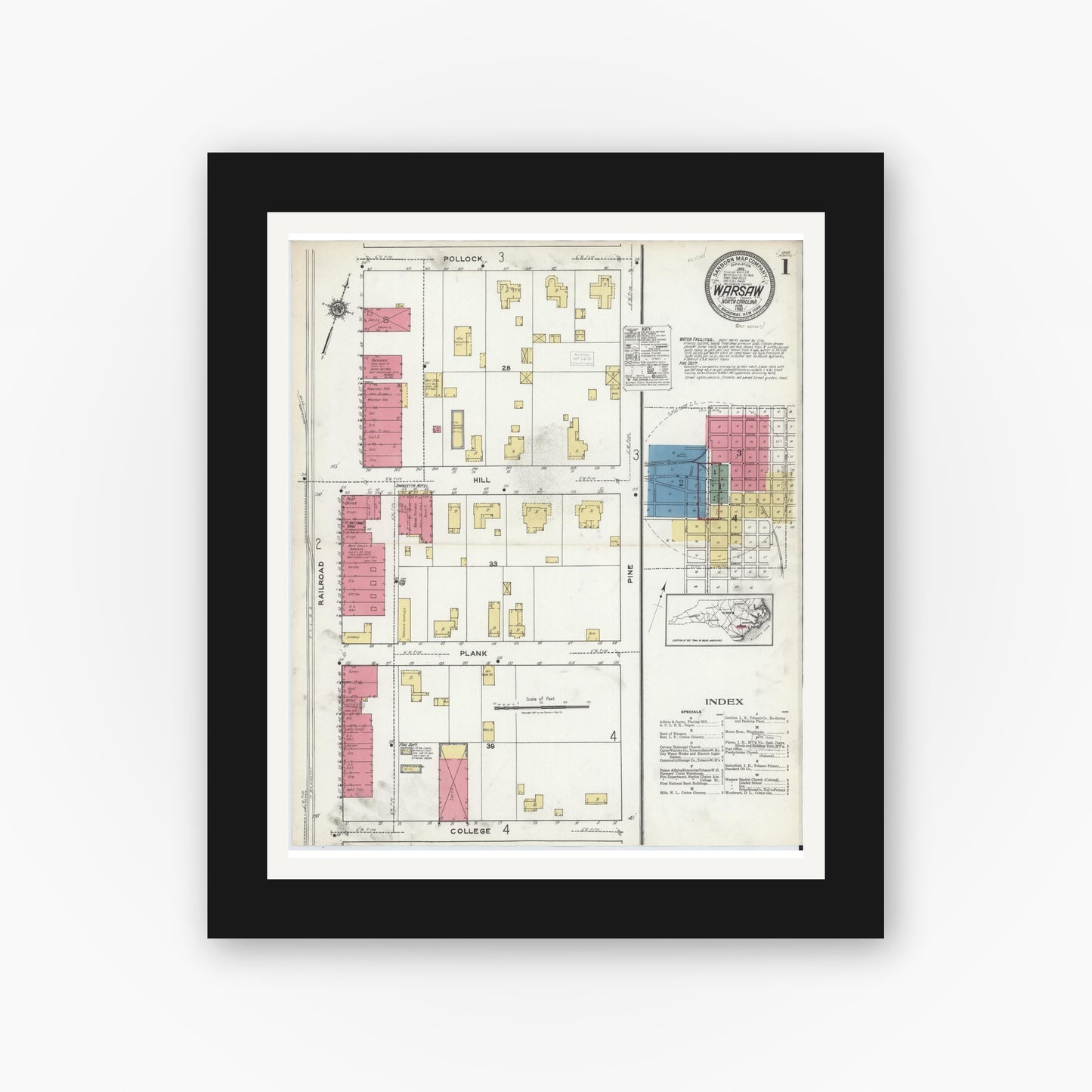Old map wall art mockup — black gallery frame with white mat — Sanborn Fire Insurance Map from Warsaw, Duplin County, North Carolina (1921) - Complete Map Set