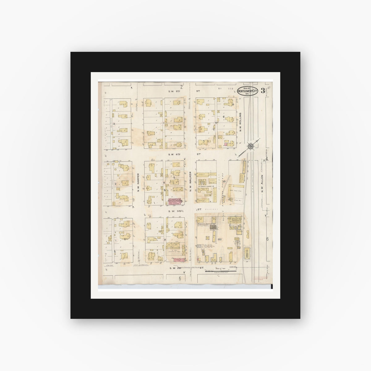 Old map wall art mockup — black gallery frame with white mat — Sanborn Fire Insurance Map from Montgomery City, Montgomery County, Missouri (1932), Sheet #0003