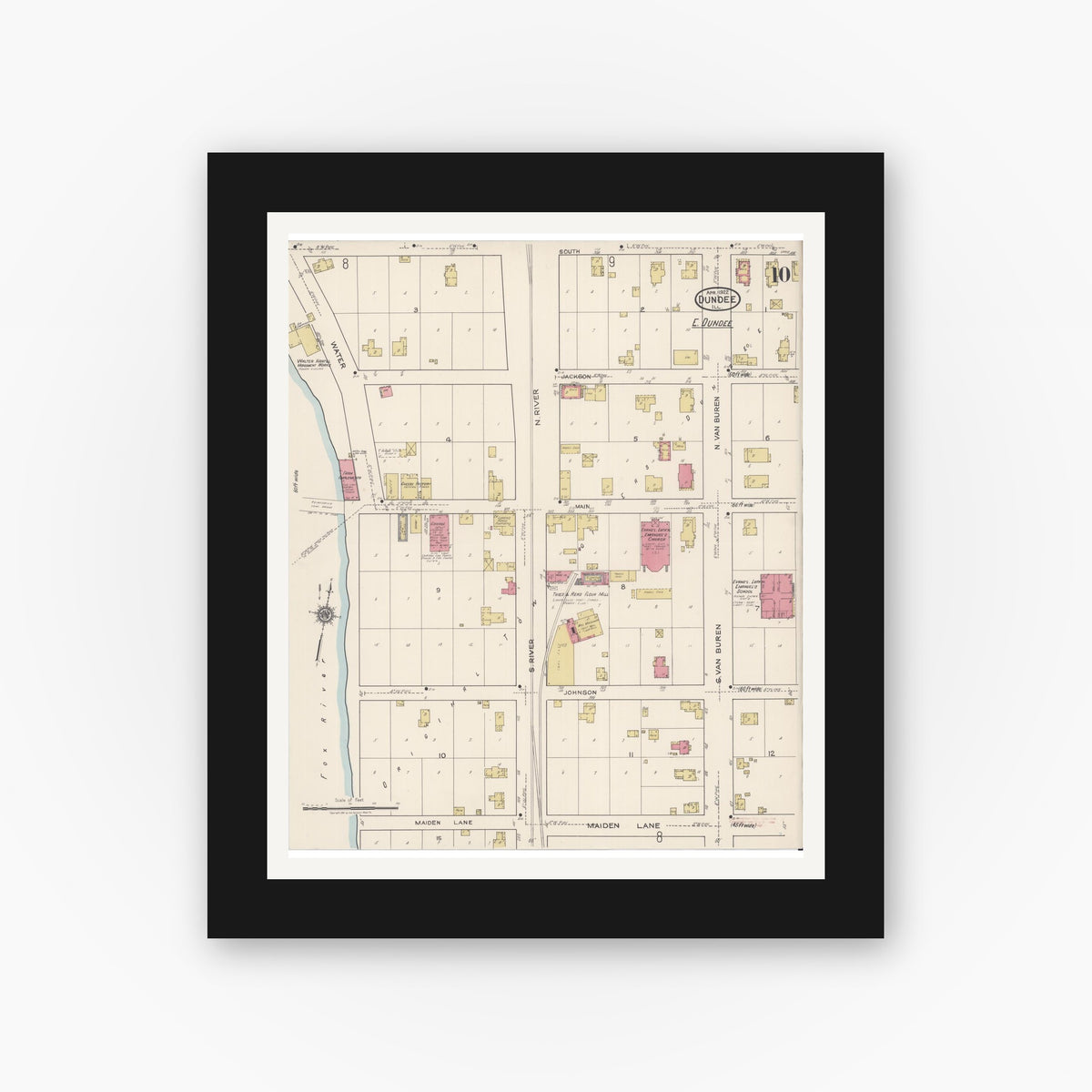 Old map wall art mockup — black gallery frame with white mat — Sanborn Fire Insurance Map from Dundee, Kane County, Illinois (1922), Sheet #0010