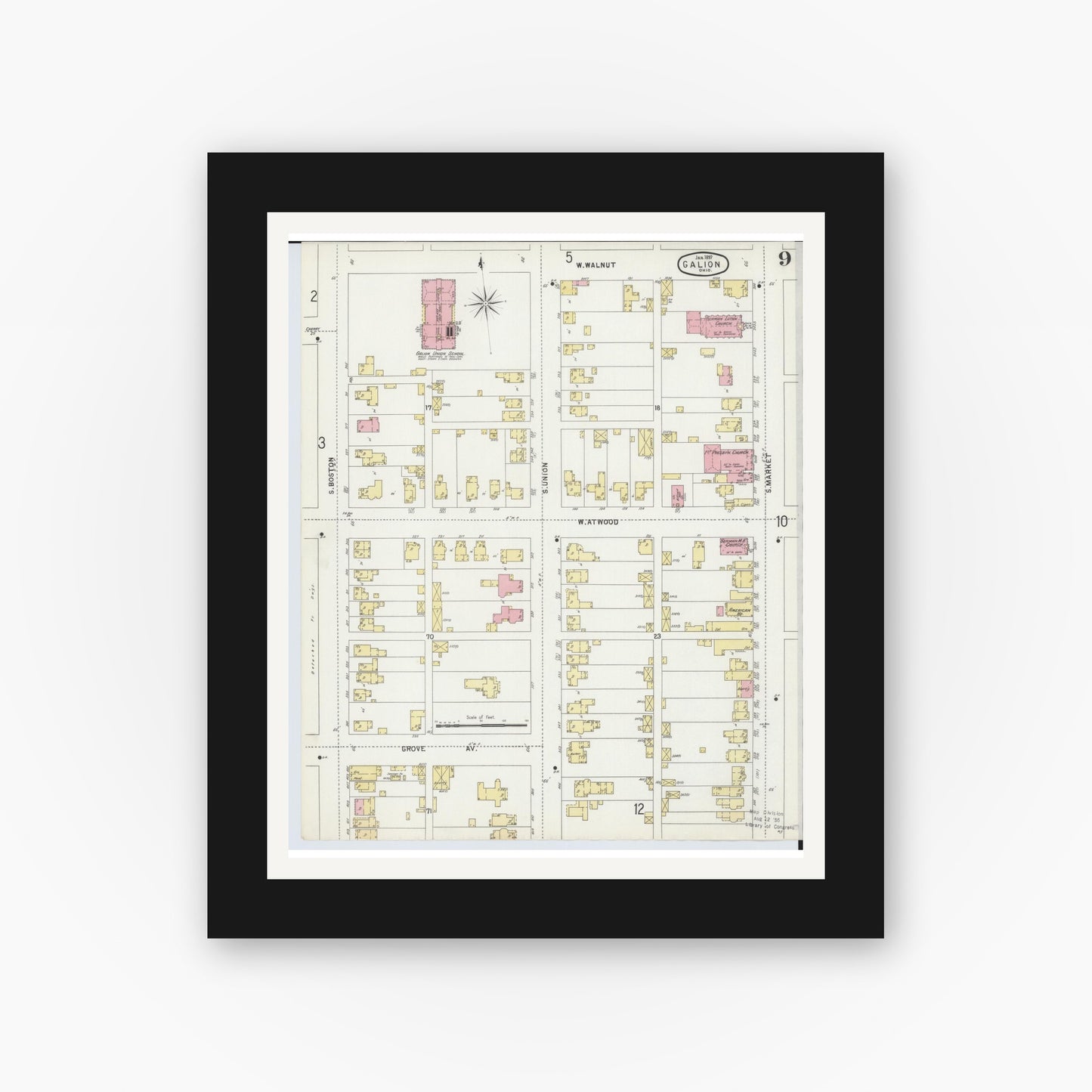 Old map wall art mockup — black gallery frame with white mat — Sanborn Fire Insurance Map from Galion, Crawford County, Ohio (1897), Sheet #0009
