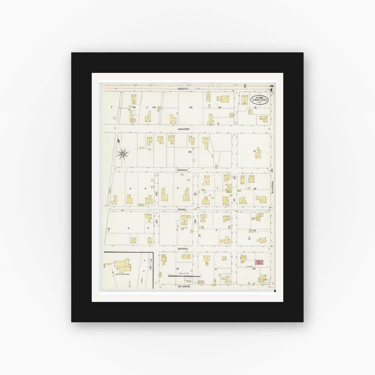 Old map wall art mockup — black gallery frame with white mat — Sanborn Fire Insurance Map from Lake City, Columbia County, Florida (1906), Sheet #0007