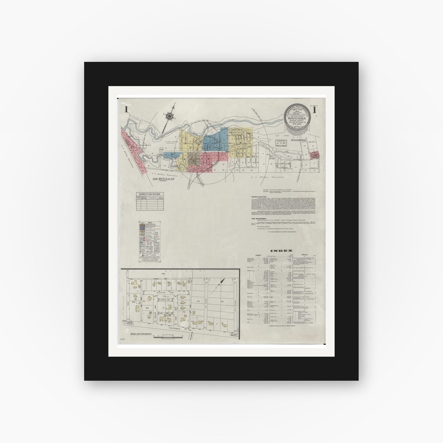 Old map wall art mockup — black gallery frame with white mat — Sanborn Fire Insurance Map from Wahiawa, Honolulu County, Hawaii (1942) - Complete Map Set