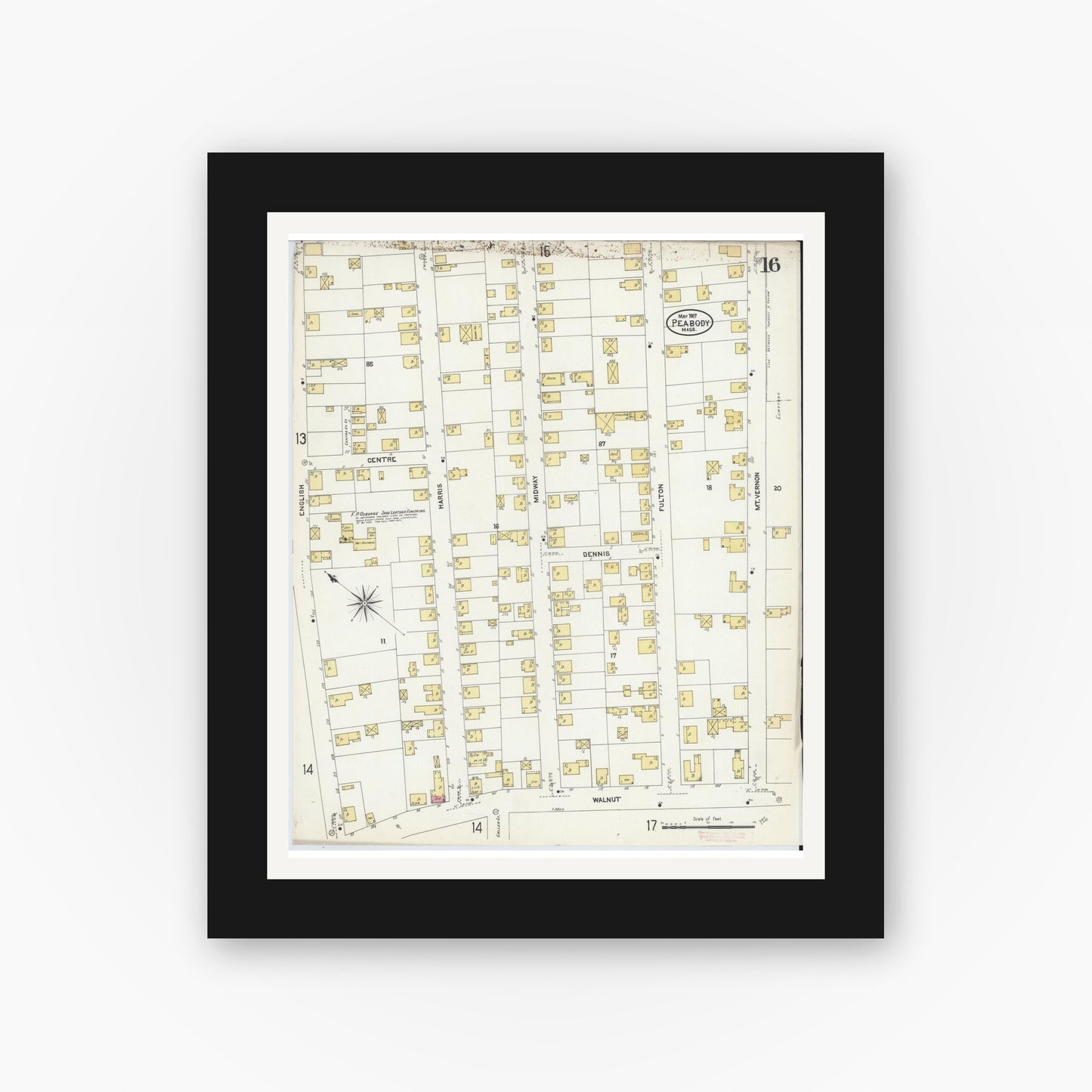Old map wall art mockup — black gallery frame with white mat — Sanborn Fire Insurance Map from Peabody, Essex County, Massachusetts (1907), Sheet #0016