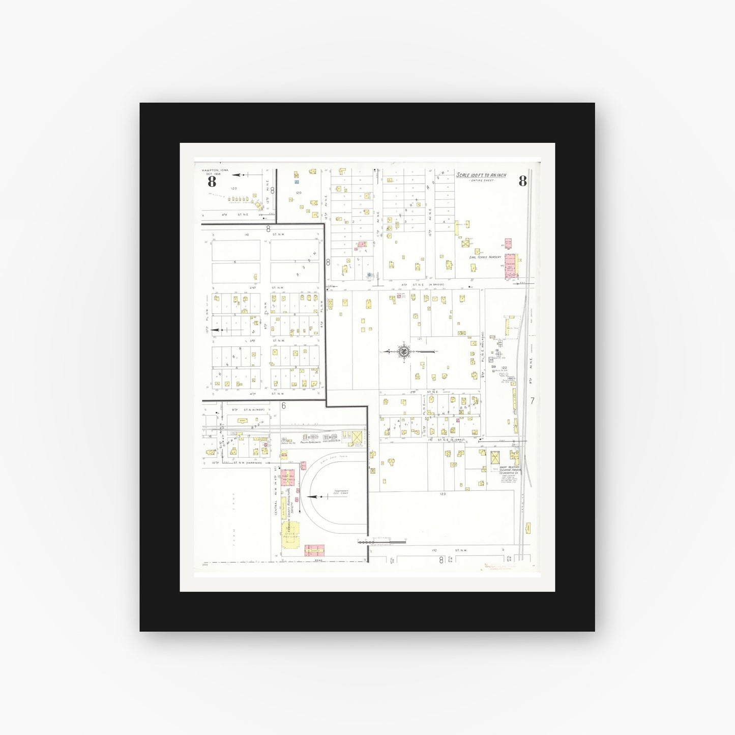 Old map wall art mockup — black gallery frame with white mat — Sanborn Fire Insurance Map from Hampton, Franklin County, Iowa (1938), Sheet #0008