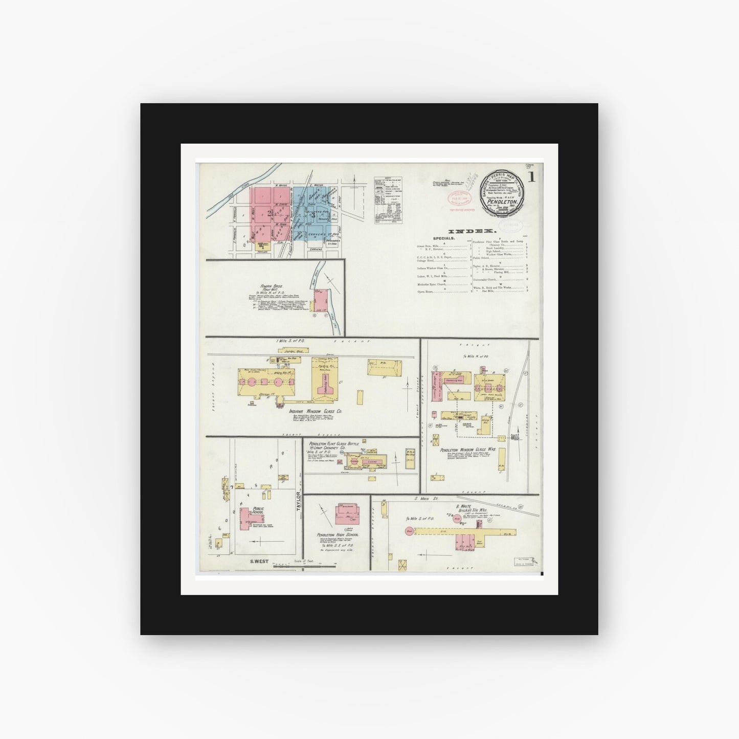 Old map wall art mockup — black gallery frame with white mat — Sanborn Fire Insurance Map from Pendleton, Madison County, Indiana (1898) - Complete Map Set