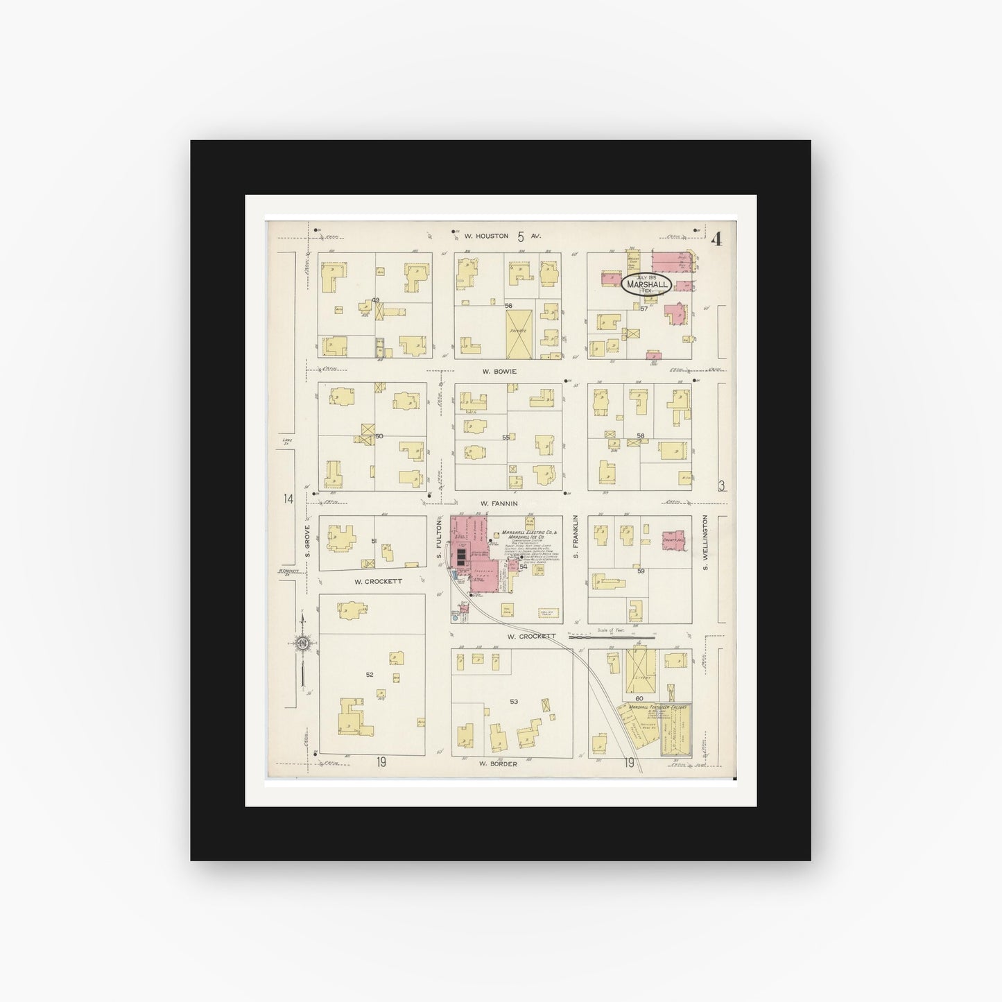 Old map wall art mockup — black gallery frame with white mat — Sanborn Fire Insurance Map from Marshall, Harrison County, Texas (1915), Sheet #0004