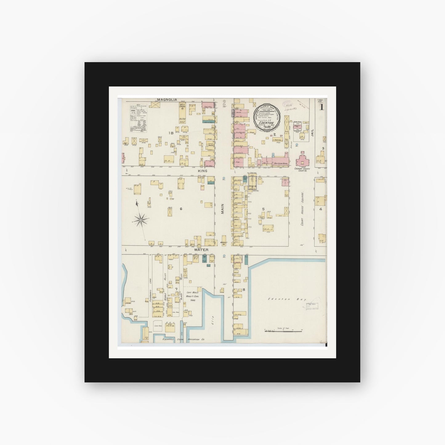 Old map wall art mockup — black gallery frame with white mat — Sanborn Fire Insurance Map from Edenton, Chowan County, North Carolina (1893) - Complete Map Set