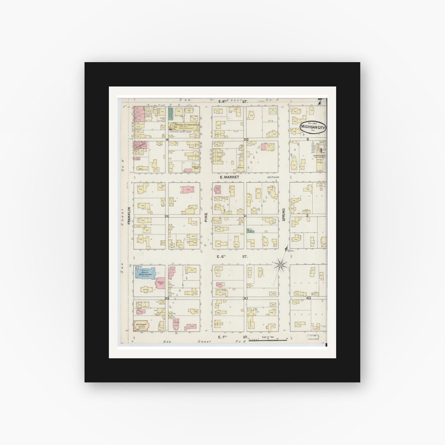 Old map wall art mockup — black gallery frame with white mat — Sanborn Fire Insurance Map from Michigan City, La Porte County, Indiana (1889), Sheet #0007