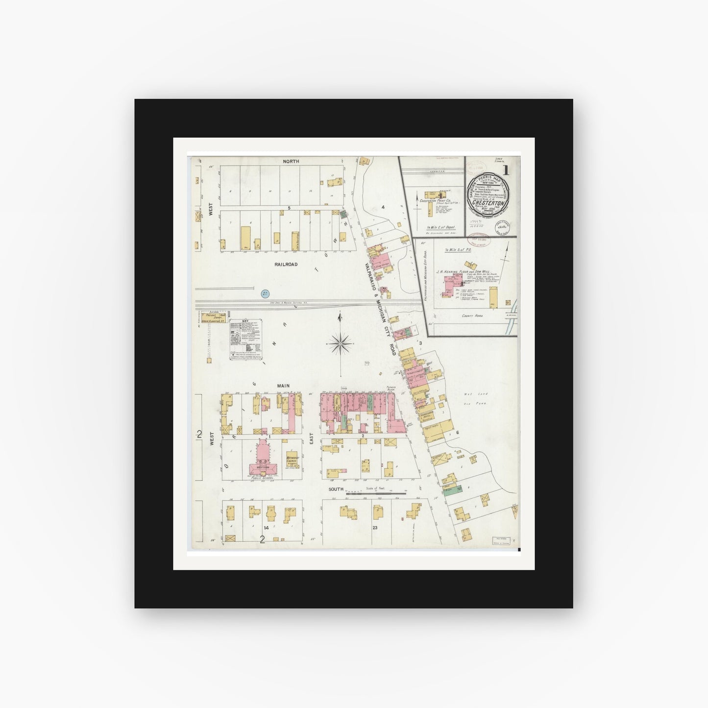 Old map wall art mockup — black gallery frame with white mat — Sanborn Fire Insurance Map from Chesterton, Porter County, Indiana (1899) - Complete Map Set