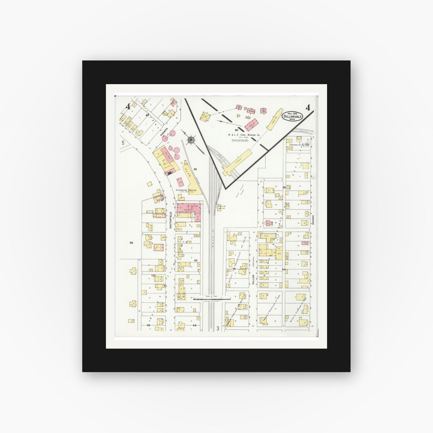 Old map wall art mockup — black gallery frame with white mat — Sanborn Fire Insurance Map from Dillonvale, Jefferson County, Ohio (1924), Sheet #0004