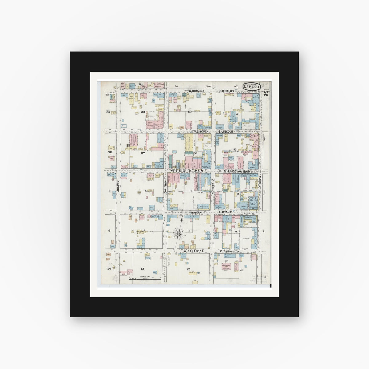 Old map wall art mockup — black gallery frame with white mat — Sanborn Fire Insurance Map from Laredo, Webb County, Texas (1889), Sheet #0002