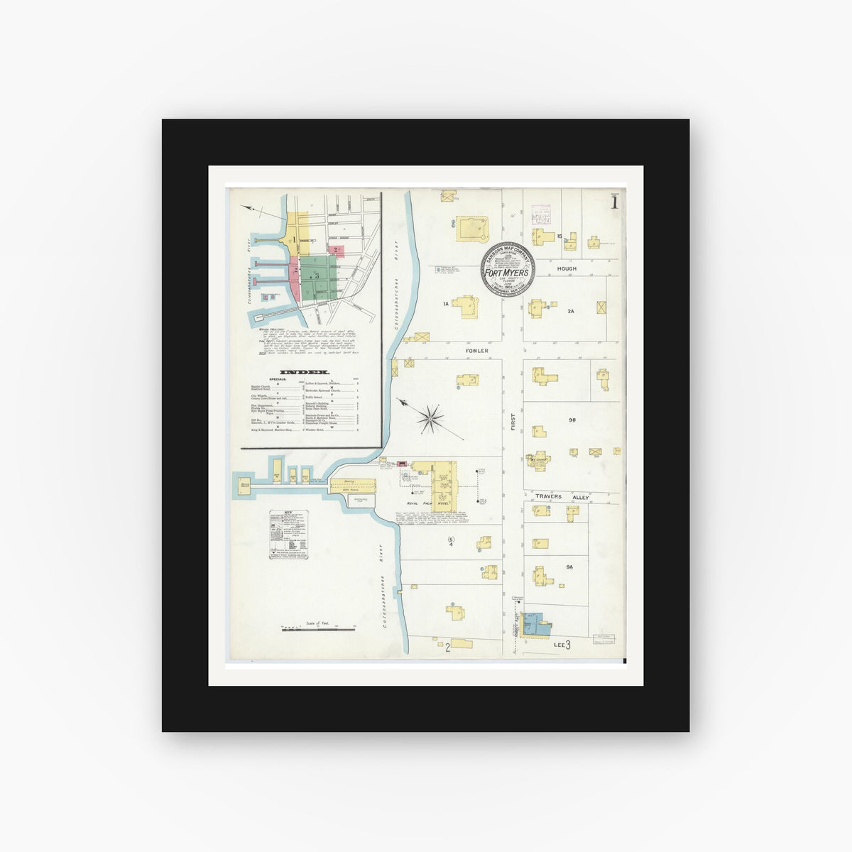 Old map wall art mockup — black gallery frame with white mat — Sanborn Fire Insurance Map from Fort Myers, Lee County, Florida (1908) - Complete Map Set