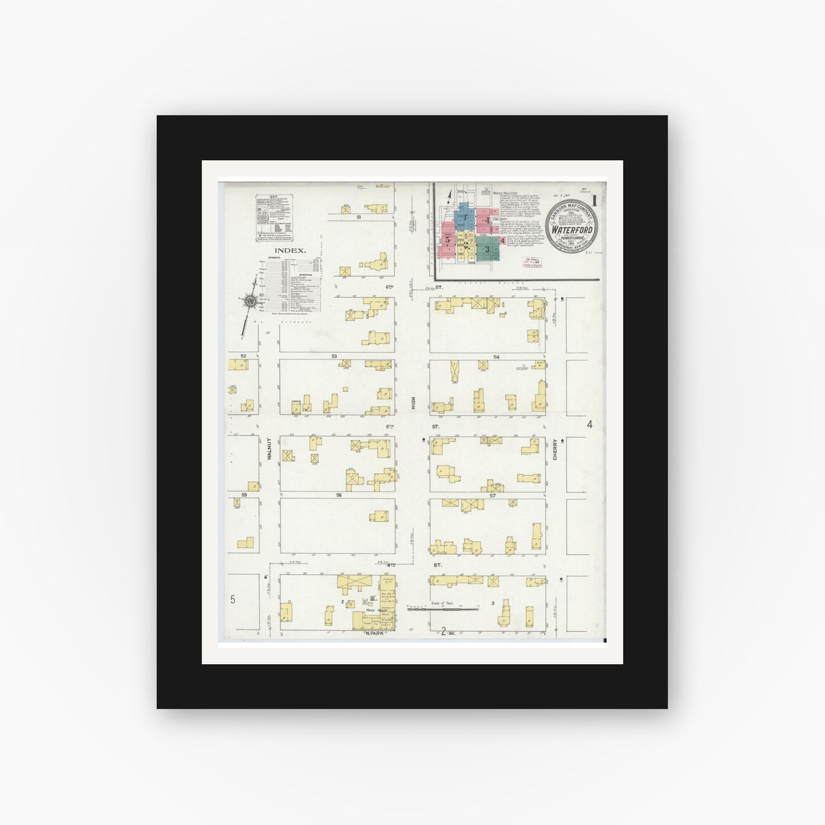 Old map wall art mockup — black gallery frame with white mat — Sanborn Fire Insurance Map from Waterford, Erie County, Pennsylvania (1911) - Complete Map Set