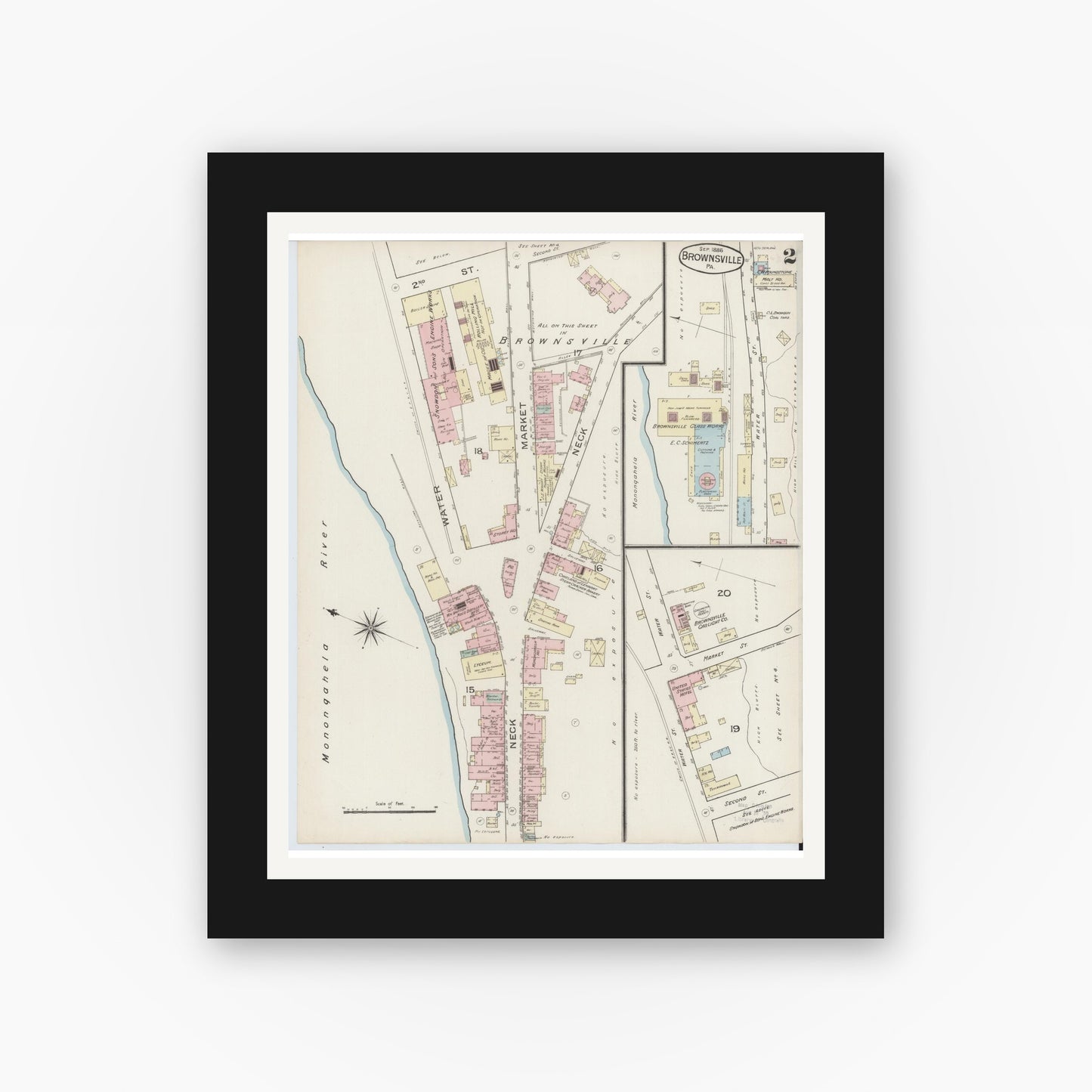 Old map wall art mockup — black gallery frame with white mat — Sanborn Fire Insurance Map from Brownsville, Fayette County, Pennsylvania (1886), Sheet #0002