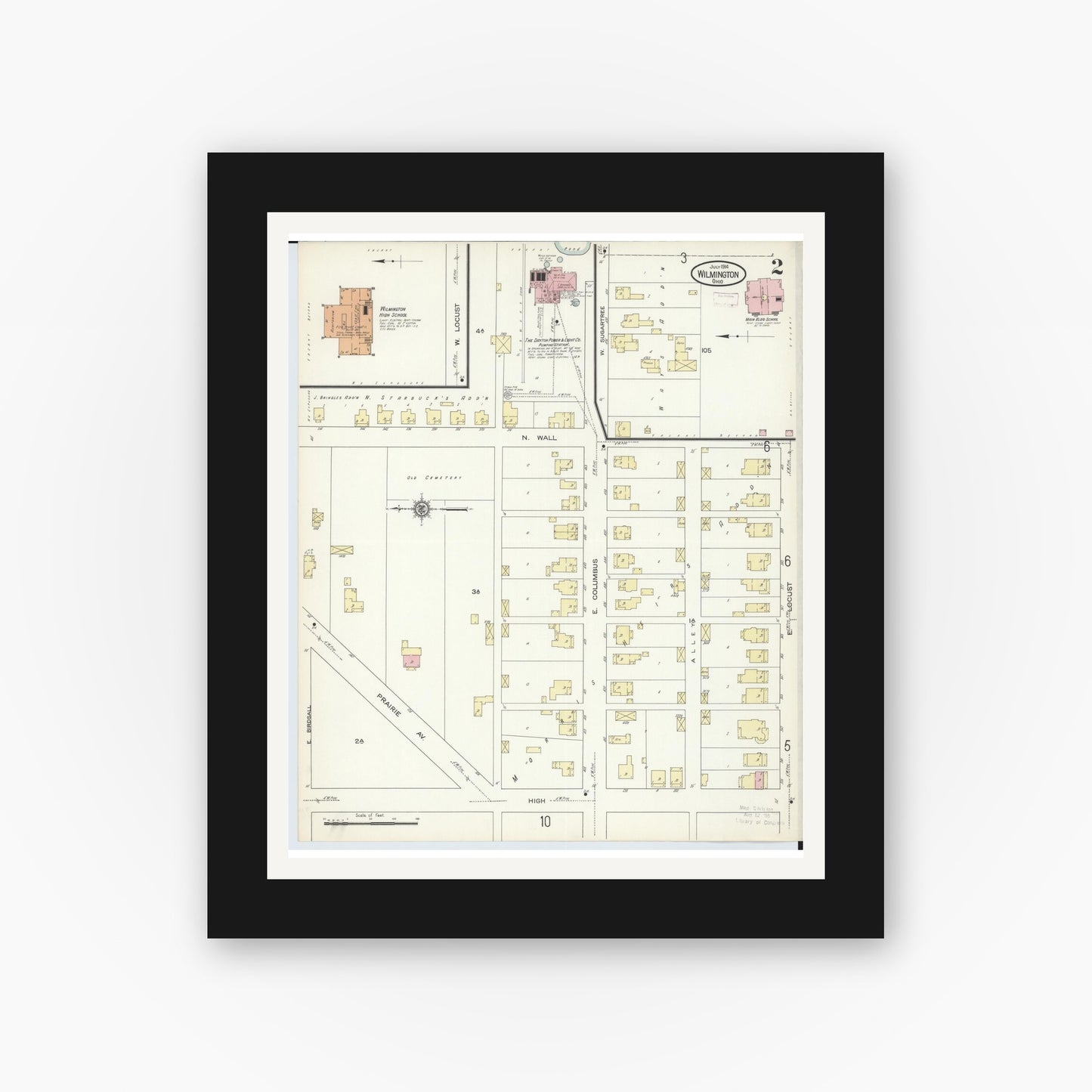Old map wall art mockup — black gallery frame with white mat — Sanborn Fire Insurance Map from Wilmington, Clinton County, Ohio (1914), Sheet #0002