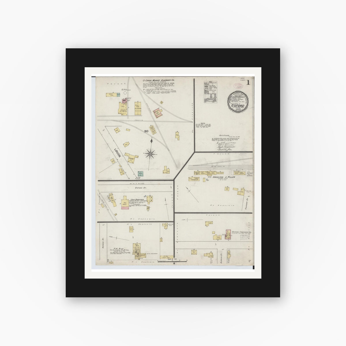 Old map wall art mockup — black gallery frame with white mat — Sanborn Fire Insurance Map from Oxford, Oakland County, Michigan (1890), Sheet #0001